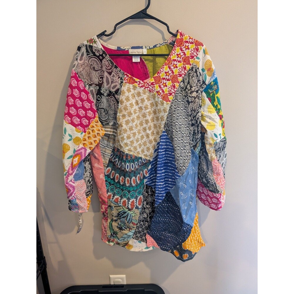 Ashley Taylor Patchwork Shirt Dress OS Cotton Boho Artisan Artsy Bold Print AOP